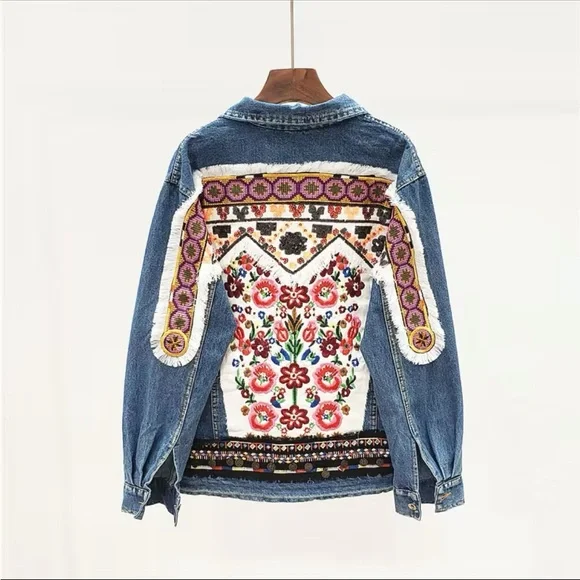 Denim bohemian stitched Aztec tribal floral embroidered denim jacket coat - Picture 11 of 16